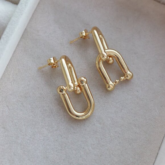 U-Bar Shape Chunky Hardware Stud Dangling Earrings Stainless Steel - Picture 2 of 4